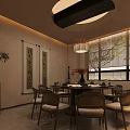 Chinese Style Private Dining Room Interior With Round Table Chairs And Calligraphy Scrolls 3d model