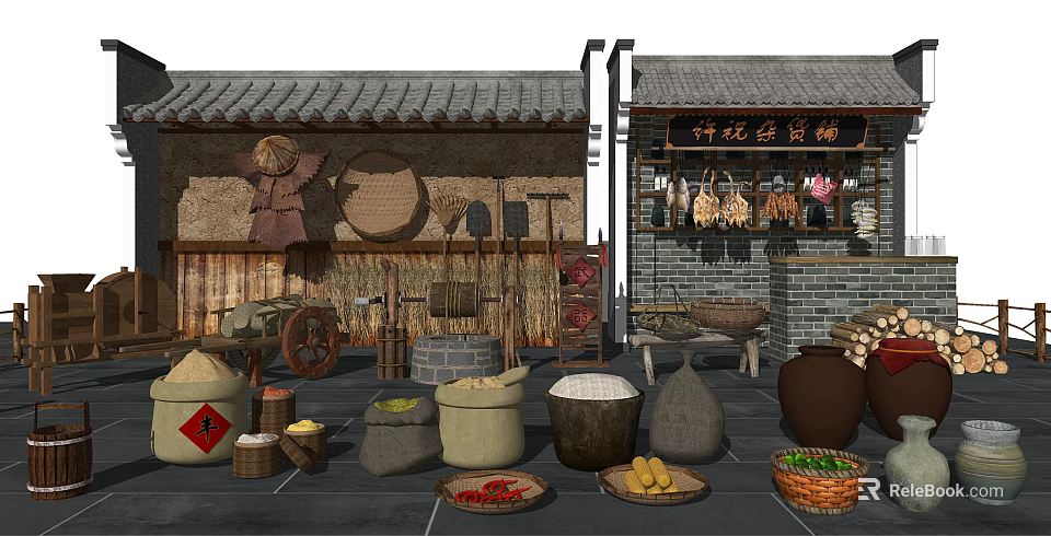 Traditional Industrial Equipment Display In Grocery Shop With Grain And Earthen Jars 3d model 