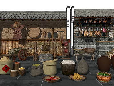 Traditional Industrial Equipment Display In Grocery Shop With Grain And Earthen Jars 3d model