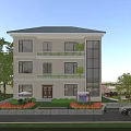 Two Story Detached Villa with White Exterior Blue Roof Garden Trees and Balconies