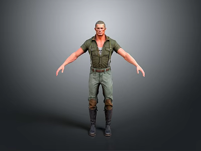 3D Male Character Model Wearing Green Shirt Pants And Brown Boots Standing With Open Arms 3d model