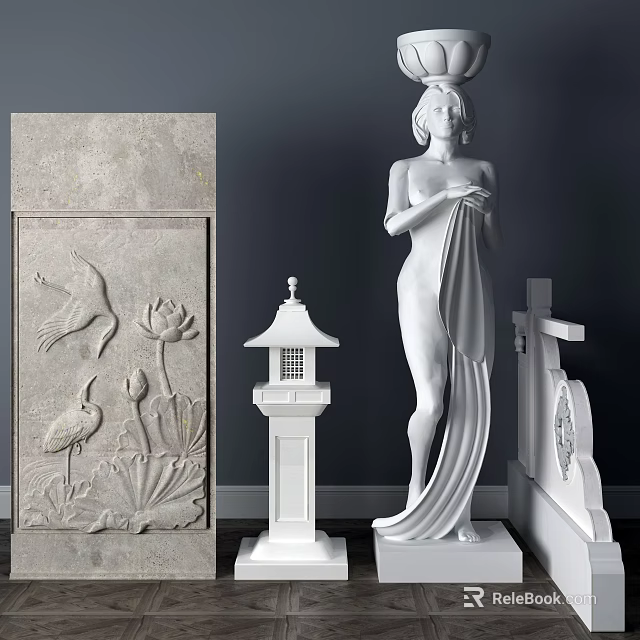 Decorative Architectural Components With Stone Carvings Lotus Crane Statue And Lantern 3d model 