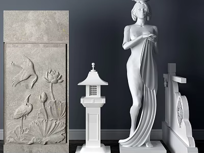 Decorative Architectural Components With Stone Carvings Lotus Crane Statue And Lantern 3d model