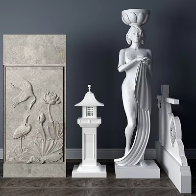 Decorative Architectural Components With Stone Carvings Lotus Crane Statue And Lantern 3d model