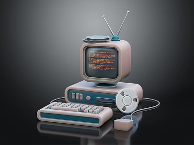 Vintage Computer Setup With Monitor Antenna Keyboard Mouse And Text 3d model