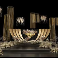 Wedding Stage Design With Golden Draped Curtains Decorative Flowers And Hanging Chandeliers