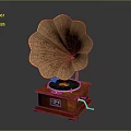 Vintage Phonograph Audio Equipment With Wooden Base Horn Shaped Speaker Black Turntable And Decorative Patterns