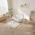 Modern Elegant Bathroom Interior With White Bathtub Wooden Floor Green Plant Decorative Artworks And Rug