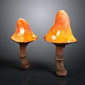 Two Orange Mushrooms With White Spots And Stems On Dark Background