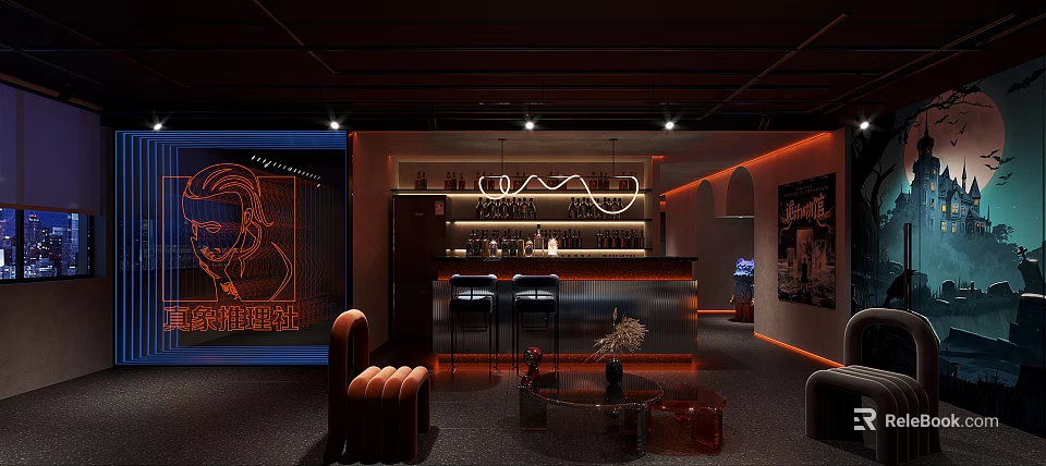 Elegant Bar Lounge Interior With Neon Lighting Bar Counter Posters And Orange Sofa 3d model 