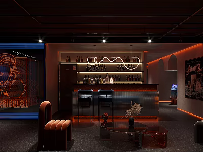 Elegant Bar Lounge Interior With Neon Lighting Bar Counter Posters And Orange Sofa 3d model
