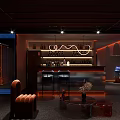 Elegant Bar Lounge Interior With Neon Lighting Bar Counter Posters And Orange Sofa