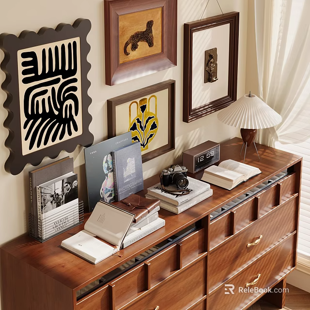 Decorative Ornament Set on Wooden Dresser Top with Vintage Camera Books Table Lamp Framed 3d model 