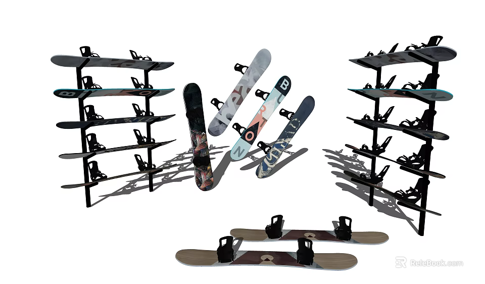 Snowboard Storage Racks and Sports Equipment with Various Designs on 3d model 