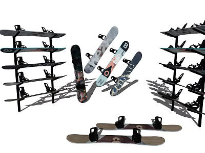 Snowboard Storage Racks and Sports Equipment with Various Designs on 3d model