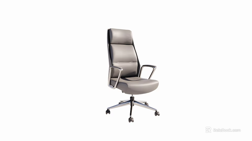 Gray Leather High Back Office Chair With Metal Armrests And Rolling Base 3d model 