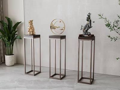Decorative Ornament Combination With Metal Stands Golden Figurine Circular Decorative Plate And Bonsai Ornament 3d model