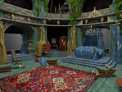 Cartoon Cave Interior Scene With Green Vines Stone Structures Blue Yellow Curtains And Colorful Carpet 3d model