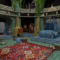 Cartoon Cave Interior Scene With Green Vines Stone Structures Blue Yellow Curtains And Colorful Carpet
