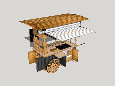 Functional Food Cart With Wooden Roof And Large Wheel 3d model