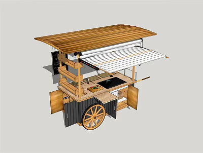 Functional Food Cart With Wooden Roof And Large Wheel 3d model