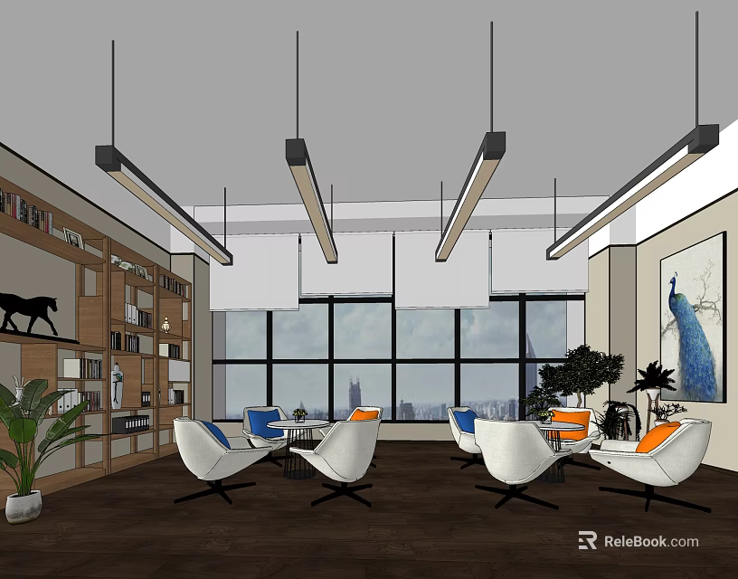 Modern Lounge Area With White And Orange Chairs Large Windows Bookshelves Plants And Pendant Lights 3d model 