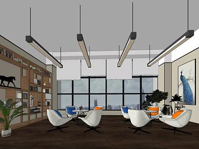 Modern Lounge Area With White And Orange Chairs Large Windows Bookshelves Plants And Pendant Lights 3d model