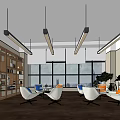 Modern Lounge Area With White And Orange Chairs Large Windows Bookshelves Plants And Pendant Lights