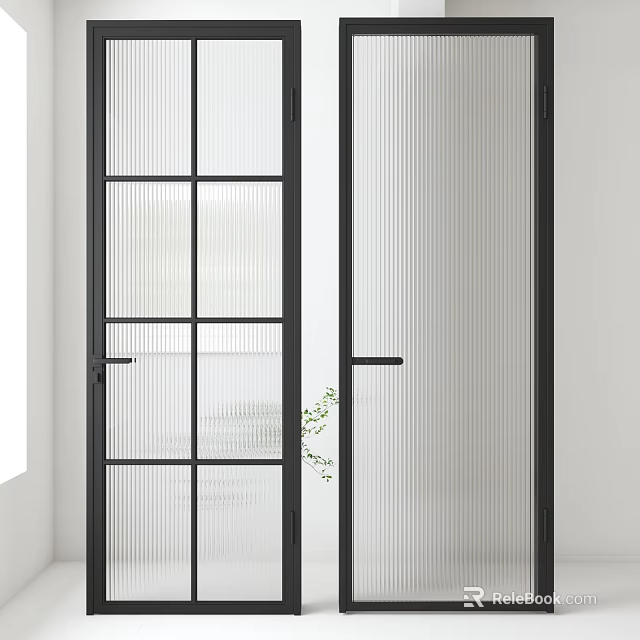 Modern Interior Double Hinged Doors With Black Frame And Fluted Glass Design 3d model