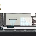 Modern Landscape Feature Wall With Geometric Tile Pattern Water Fountain And Decorative Sculpture
