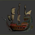 Vintage Sailing Ship With Multiple Canvas Sails Red Wooden Hull And Decorative Bow