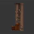 Classic Wooden Bookshelf With Books And Brown Leather Chair With Small Table