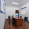 Office Corridor Interior With Wooden Flooring Desk Chair Wall Posters TV Screen And Ceiling Lights