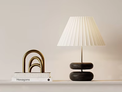 White Pleated Table Lamp With Dark Round Base And Golden Hexagon Decor On Shelf 3d model