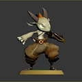 Small Horned Game Movie Character Holding Sword Standing On Green Circular Base