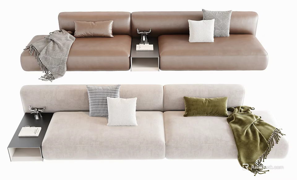 Modern Three Seater Sofa with Pillows Blanket and Side Table Setup 3d model