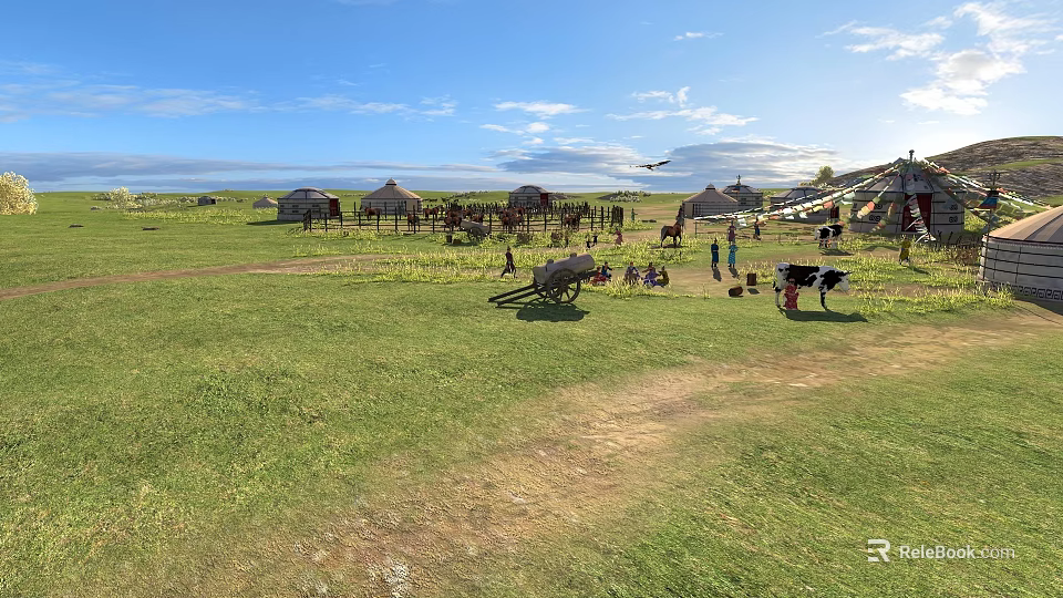 Picturesque Vast Peaceful Grassland Landscape With Mongolian Yurts Grazing Livestock Under Bright Blue Sky 3d model 