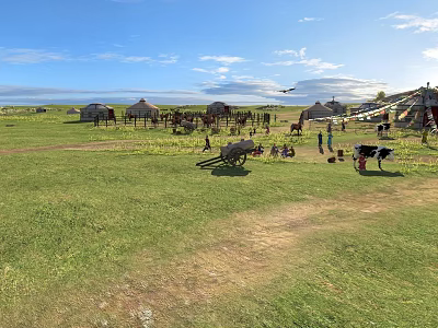 Picturesque Vast Peaceful Grassland Landscape With Mongolian Yurts Grazing Livestock Under Bright Blue Sky 3d model