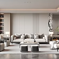Modern Living Room Interior With Light Gray Sofa Armchairs Coffee Tables Decorative Painting And Bookshelf