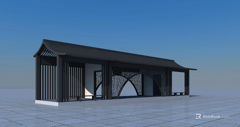 Traditional Chinese Pergola With Black Wooden Structure And Intricate Hollow Design In Open Square 3d model 