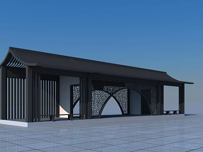 Traditional Chinese Pergola With Black Wooden Structure And Intricate Hollow Design In Open Square 3d model