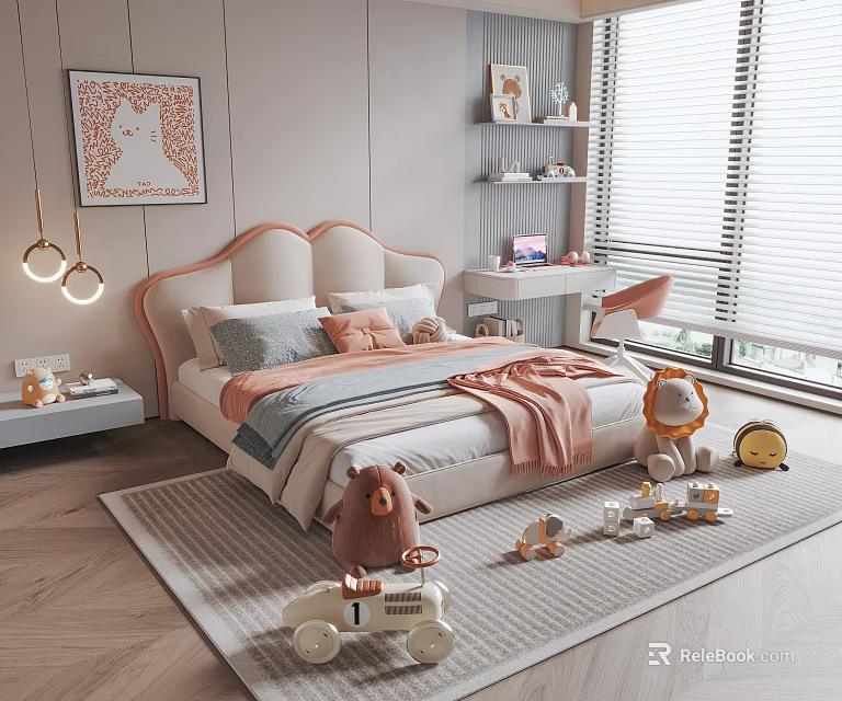 Cozy Kids Bed with Pink Upholstered Headboard Gray Pink Pillows Stuffed Toys in Kids Room 3d model 