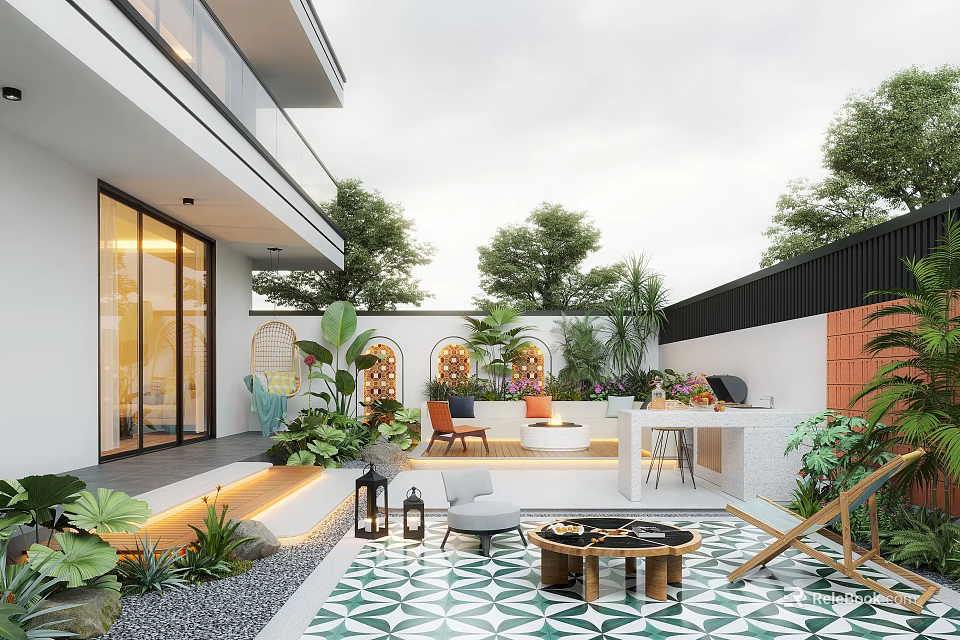Modern Garden With Geometric Patterned Tiles Outdoor Seating Lush Plants Grill Station And Decorative Lanterns 3d model 