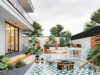 Modern Garden With Geometric Patterned Tiles Outdoor Seating Lush Plants Grill Station And Decorative Lanterns 3d model