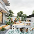 Modern Garden With Geometric Patterned Tiles Outdoor Seating Lush Plants Grill Station And Decorative Lanterns