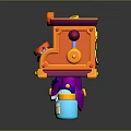 Cartoonish Square Purple Orange Game Movie Character With Mechanical Hat Blue Potion And Gold Coins