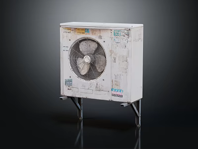 Old Outdoor Air Conditioner Fan Unit With Metal Stand And Surface Labels 3d model