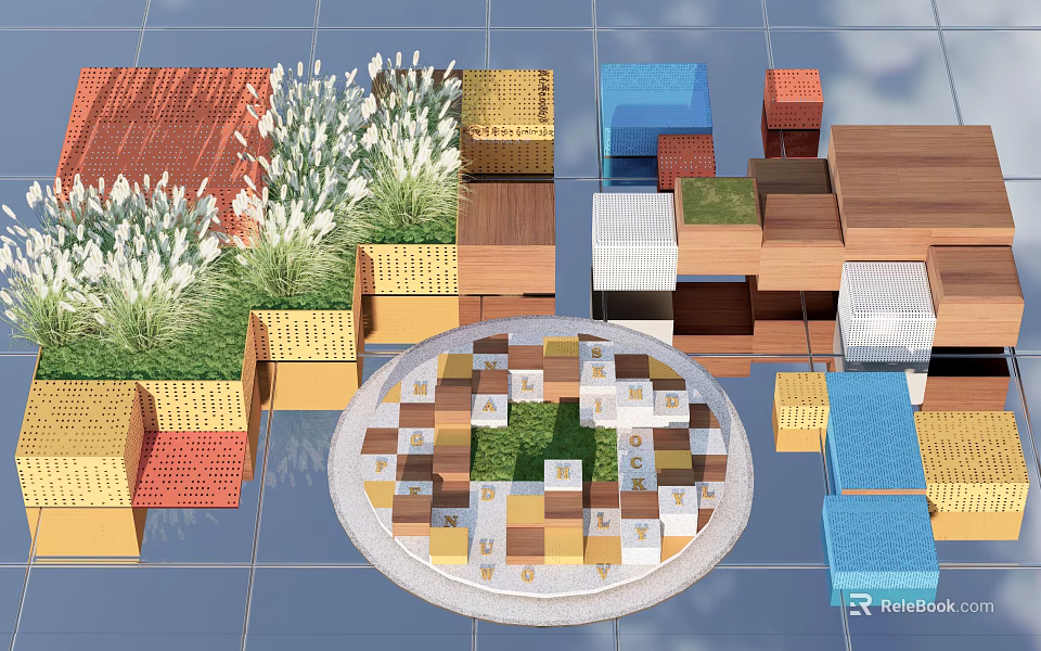 Outdoor Landscape Seating With Colorful Square Blocks Circular Design And Green Plants 3d model 