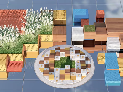 Outdoor Landscape Seating With Colorful Square Blocks Circular Design And Green Plants 3d model