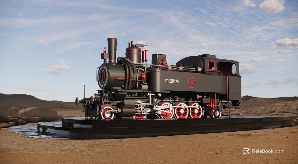 Vintage Black Steam Train With Red Wheels On Outdoor Display Platform 3d model 